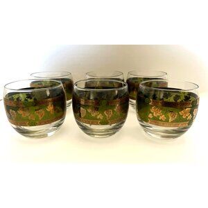 Vintage Cera Glass 1960”s  Golden Grapes Green Roly Poly 22K  Gold Leaf Barware